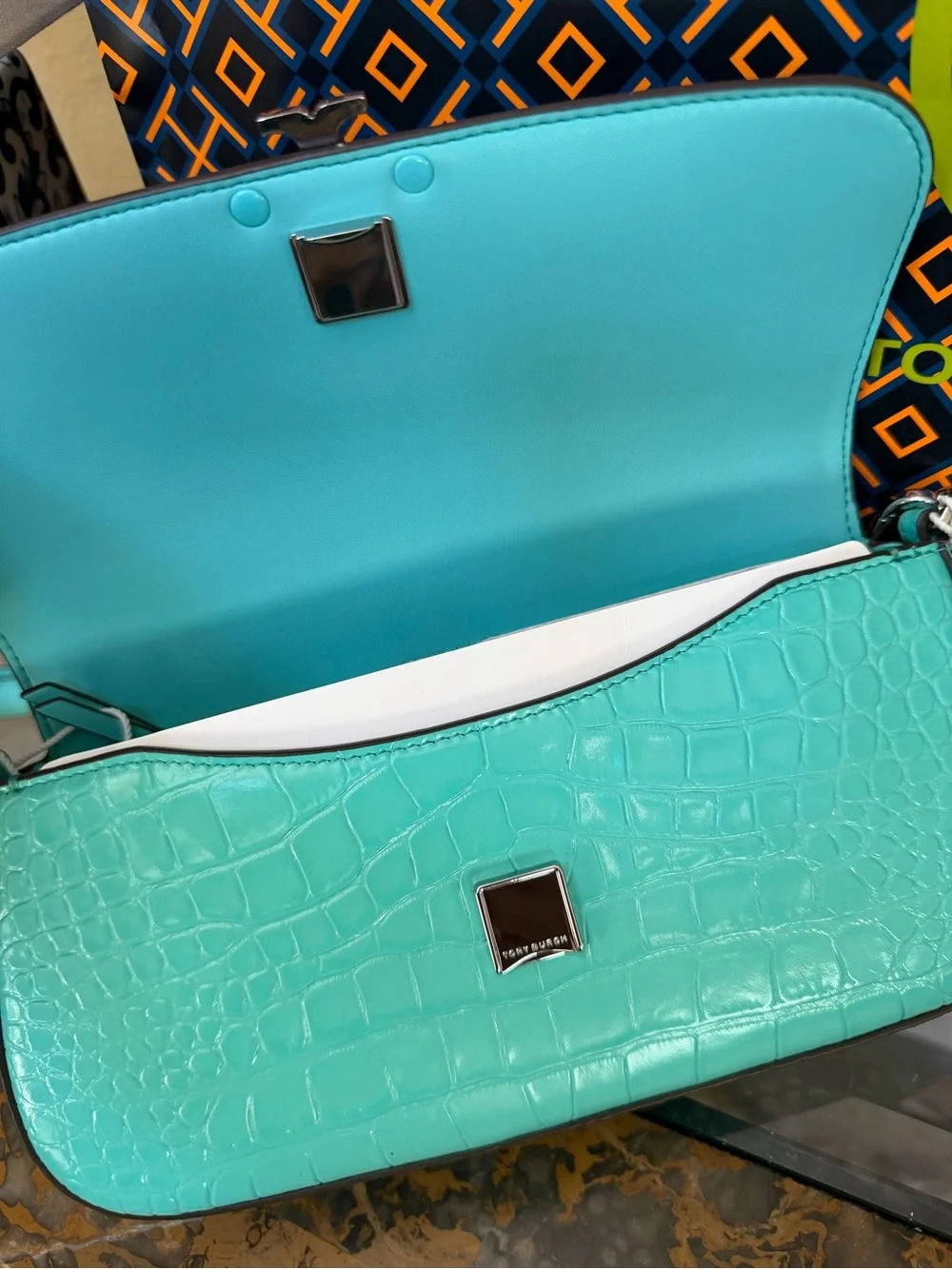 Tory Burch Aqua Croc-Embossed Shoulder Bag